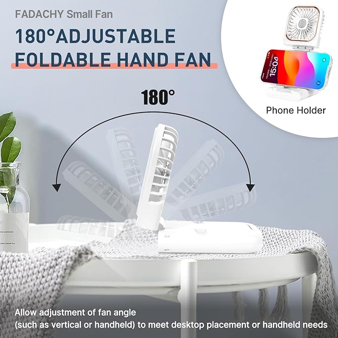 FADACHY Mini Fan Handheld Personal Fan Breeze Quiet Power Neck Fan Rechargeable, Outdoors, Hiking, Camping, white