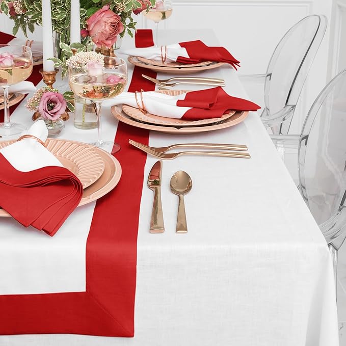 Solino Home Linen Table Runner 120 Inches Long - Red and White 100% Pure Linen 14 x 120 Inch Table Runner for Dining, Valentines, Winter - Contempo