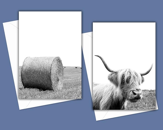Modern Farmhouse Greeting Cards - Set of 10 All Occasion 5x7 Note Cards with Envelopes. Blank Inside. Assorted Black & White Photos including Horses, Cows, Barn, Daisies, Windmill and more.