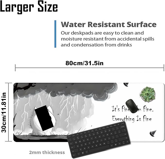 Cute Mouse Pads for Desk, Large Non-Slip Rubber Base Mousepad, Keyboard Mat Mouse Mat Desk Pad with Stitched Edges, It's Fine I'm Fine Extended Desk Protector for Home Office 31.5x11.8inch