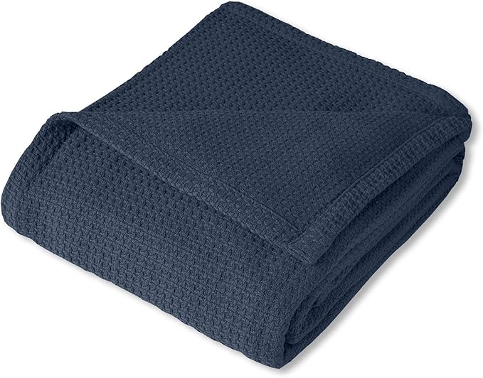 Sweet Home Collection 100% Fine Cotton Luxurious Basket Weave Blanket, Navy King