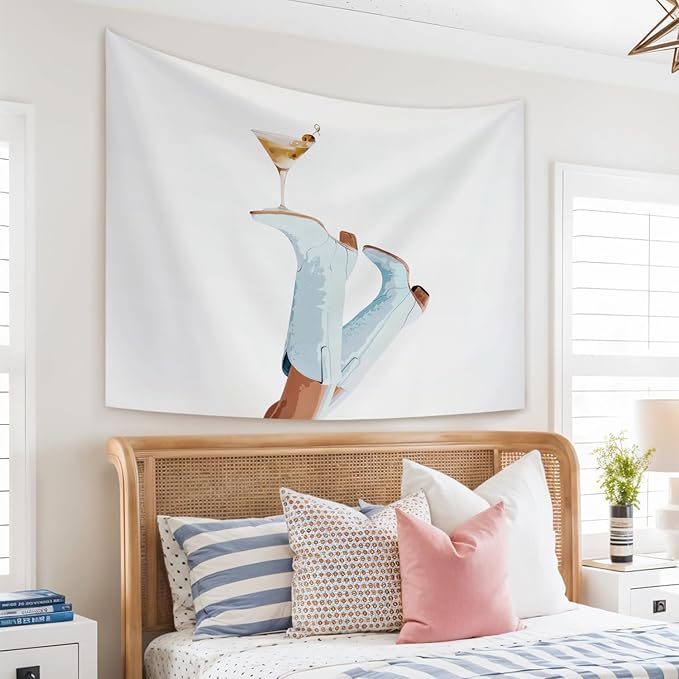STHTTSW Preppy Cowgirl Martini Tapestry, Blue Coastal Cowgirl Boot Tapestries Wall Blanket, Trendy Aesthetic Wall Hanging Decor for Teen Girl Women College Dorm Apartment Bedroom, 50x60 Inch