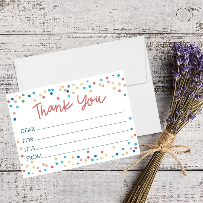 Andaz Press Kids Fill in the Blank Thank You Cards - 20 Cards Including Envelopes Confetti Sprinkles Gender Neutral Note Cards For Boys Girls Birthday Thank You Notes for Friends, Family Party Guests