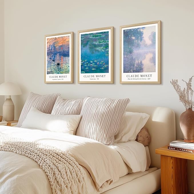 LLEEMPI Claude Monet Water Lilies Wall Art Set of 3, Maritime Sunrise Wall Decor, Vintage Aesthetic Botanical Canvas Prints, Classic Minimalist Poster Prints for Bedroom Office Wood Framed 16x24 Inch