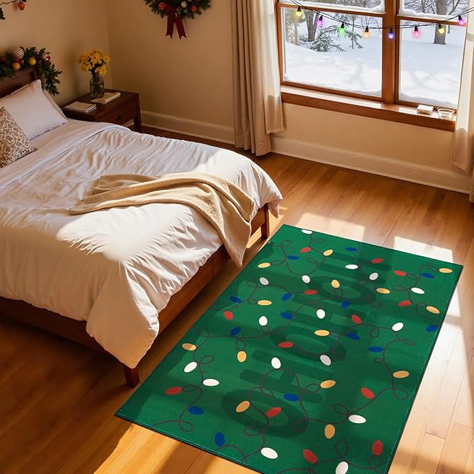 jinchan Jingle Lights Christmas Rug 4x6 for Living Room Bedroom Green Holiday Decorative Rug for Dining Room Foyer Colored String Lights Printed Xmas Decor Washable Non Slip Floor Carpet