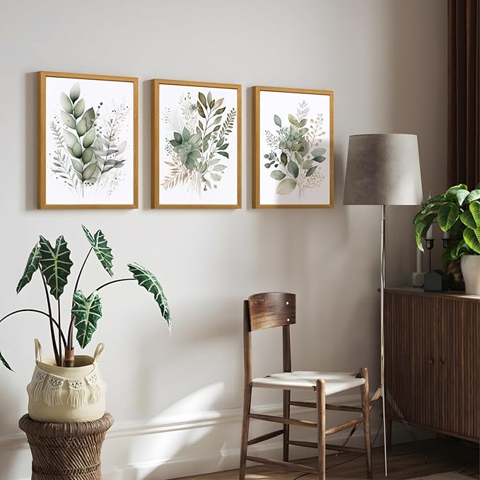 HLXRAE Watercolor Botanical Wall Art Set of 3, Neutral Sage Green Bathroom Wall Decor, Modern Floral Canvas Paintings, Minimalist Farmhouse Poster Prints for Bedroom Living Room Wood Framed 12x16 Inch
