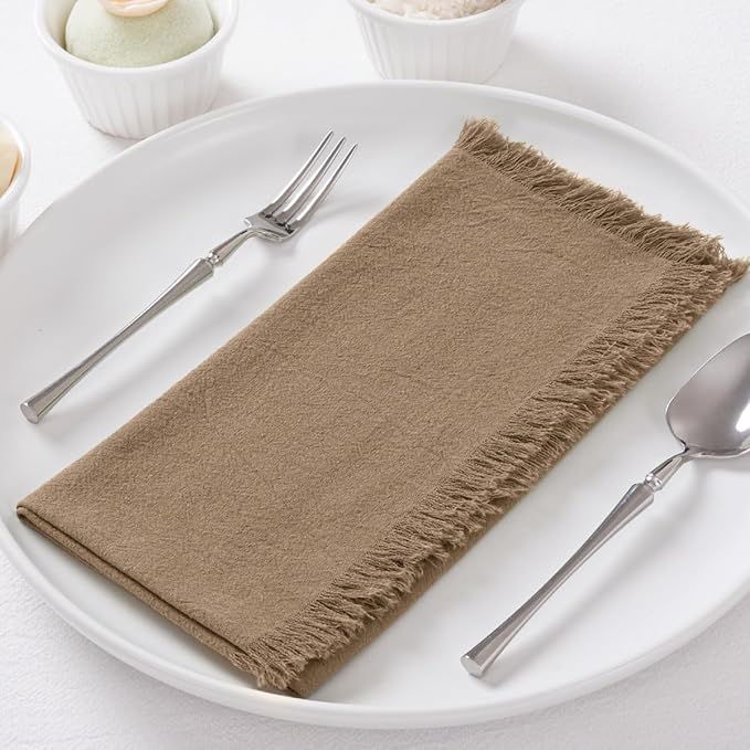 12 Pack Nude Cotton Linen Napkins with Fringe Spring Cloth Napkins Set of 12 Boho Handmade Dinner Napkins Bulk for Wedding Bridal Baby Shower Valentine's Day, 17 x 17 Inches