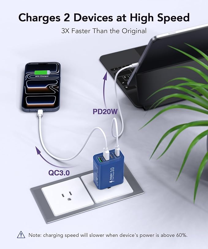 40W USB C Charger Block, 2-Pack 4-Port Type C Fast Charging Brick Dual PD&QC Wall Plug Adapter Power Brick for iPhone 13/14/15/16/17/Pro/Pro Max/Plus/iPad/Airpods/iwatch/Samsung Galaxy (Blue)