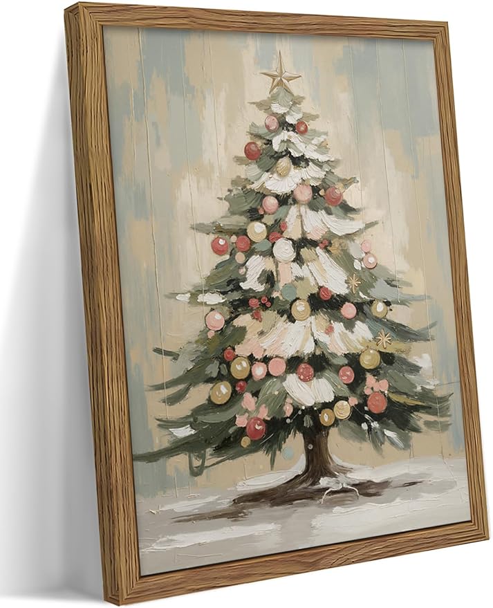 Framed Christmas Canvas Wall Art, Vintage Christmas Tree Pictures Print, Rustic Winter Holiday Decor, Wood Frame Pine Tree Painting, Christmas Tree Wall Decor for Living Room, Fireplace – 12x16in