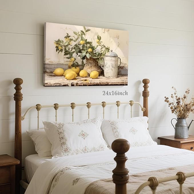 LLEEMPI Framed Vintage Lemon Wall Art, Country Botanical Wall Decor, Yellow Fruit Still Life Canvas Painting, Rustic Farmhouse Poster Print for Kitchen Living Room Bathroom Bedroom 16x24 Inch