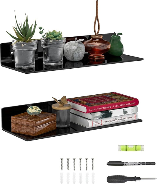 15 Inches Acrylic Wall Shelves 2 Pack, Floating Shelf for Wall Mounting, Acrylic Display Ledges for Funko Pop Figures, Home Décor, Living Room, Gaming Room, Plants(15 inch, Black)