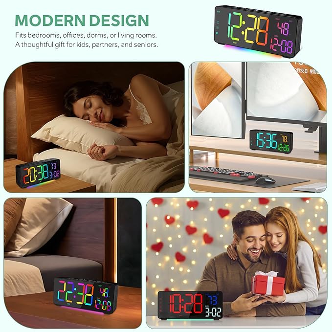 Digital Alarm Clocks for Bedrooms, RGB Desk Clock with 15 Color Display, Date Temperature and Weekday, DST, Snooze, 2 Alarms, Ambient Lighting for Living Room, Bedside Office Gaming Desk Decor