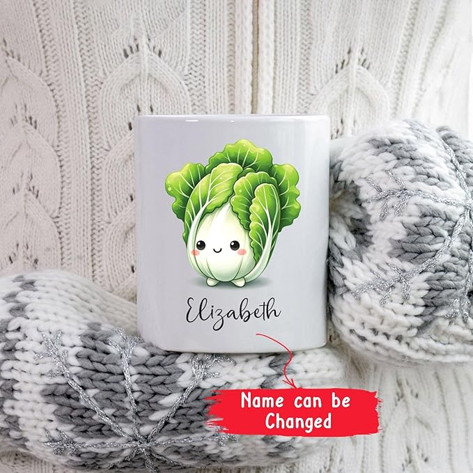 Personalized Chinese Cabbage Mugs, Chinese Cabbage Gifts For Friend Coworker, Custom Name Vegetable Ceramic Cup 11oz 15oz, Cute Chinese Cabbage Vegetable Lover White Travel Mug, Cabbage Fans Cup
