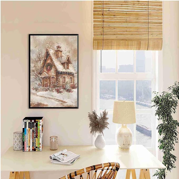 Framed Canvas Wall Art Home decor Winter Gingerbread House Traditional Christmas Print Festive Artwork Wall Decor canvas print poster 20x30in Metal blackFramed