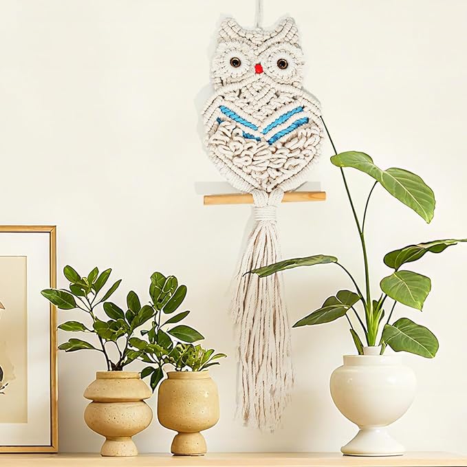 Owl Macrame Wall Hanging Boho Hand Woven Tapestry Decor Animal Owl Macrame Wall Art Home Decor for Living Room Bedroom Office Nursery Apartment