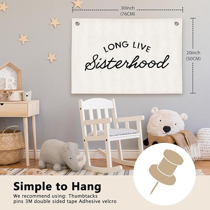 Long Live Sisterhood Minimalist Girls Room Decor - Linen Banner Wall Hanging Canvas Banner Flag Decor for Girly Nursery Toddler Playroom Bedroom Dorm Apartment