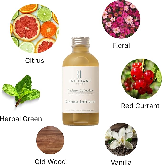 Brilliant Scents Currant Infusion Fragrance Oil 120ml - Premium Diffuser Oil for Home, Office, Hotels - Long Lasting, Plant-Based, Meets IFRA Standards, USA-Made - Red Currant, Citrus, Vanilla