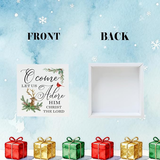 Christmas Christian Wooden Desk Decor Sign, Let Us Adore Him Christ The Lord Wooden Box Sign, Religious Holiday Home Plaque with Deer and Cardinal Design, Christmas Decor 5x5 Inches