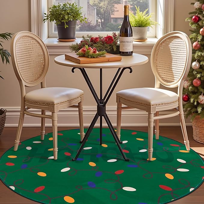 jinchan Jingle Lights Round Christmas Rug for Living Room 5ft Green Circle Holiday Rug for Bedroom 5' Colored String Lights Printed Xmas Decor Washable Indoor Carpet for Dining Room Foyer Non-Slip