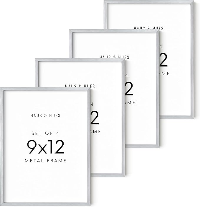 HAUS AND HUES 9x12 Silver Metal Picture Frames - Features Premium Aluminum, Vertical & Horizontal Hang, Shatterproof Plexiglass - Perfect for Home, Room, Office (9x12 in, Silver, Set of 4)