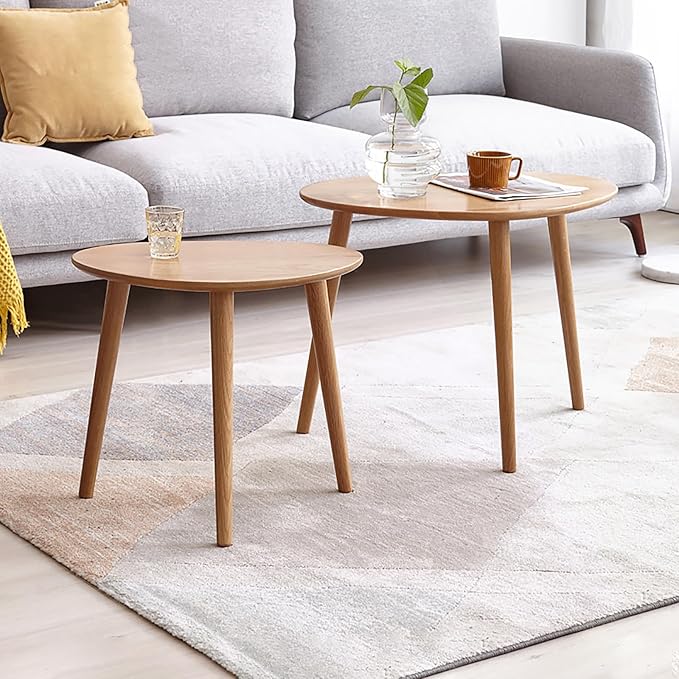 Wayshome 100% Solid Oak Wood Nesting Coffee Table, Small Oval Coffee Tables Set, Mid Century Modern Round Tables for Living Room, Pebble Side Table for Balcony (Nature, Combine)