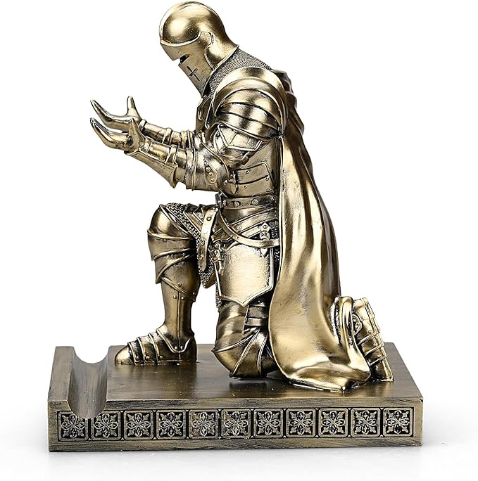 King's Guard Leader Cloak Warrior Knight Pen Holder Mobile Phone Stand, Ornament Knight Statue, Pen Stand Paperweight for Office and Home (Bronze)