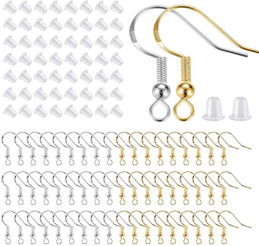 200 PCS/100Pairs 925 Sterling Silver and Gold Earring Hooks,Hypo-allergenic Fish Earring Hooks Earwires for DIY Jewelry Making Supplies with 200 PCS Soft Silicone Earring Backs