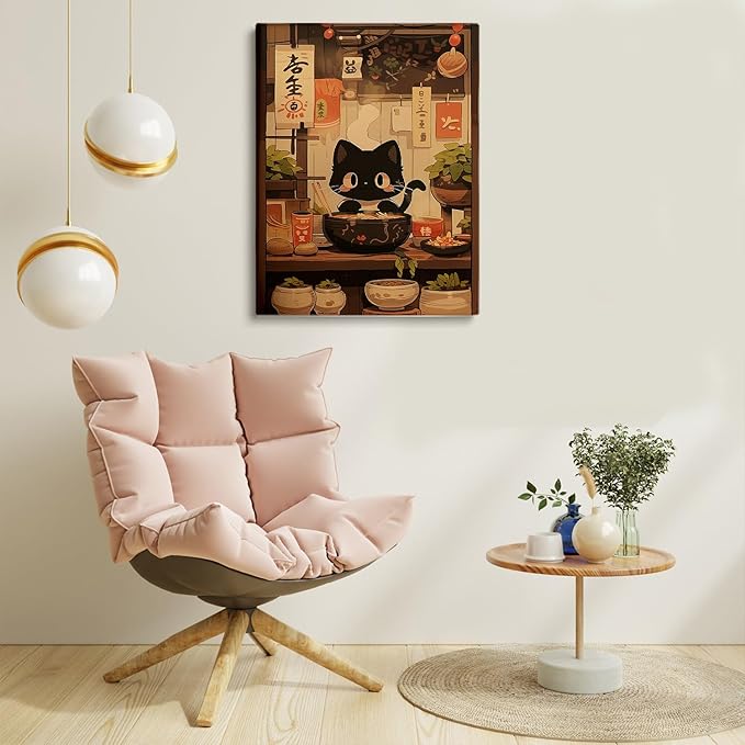 Noodle Black Cat Poster,Tonkine Cat Print,Edo Period Ramen Noodles Art,Ramen Stall Print,Vintage Ramen Print,Japan Black Cat Poster,Eating Hungry Cat For,Kitchen Wall Art12x16 Framed
