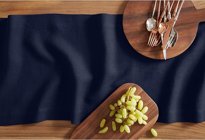 Solino Home Linen Table Runner 90 Inches Long - 100% Pure Linen Indigo Navy Dining Table Runner 14 x 90 Inch for Winter, Easter - Sonoma