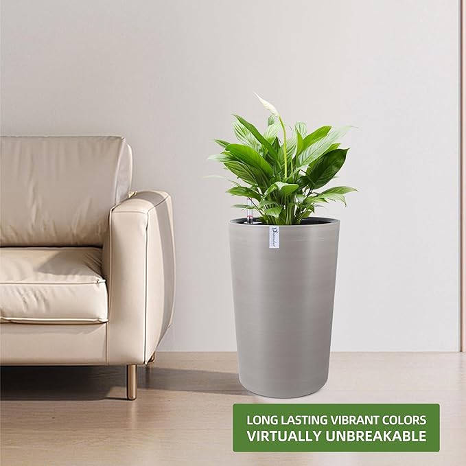 Dexceder 16x12 Tall Self Watering Planter High Cylinder Indoor Outdoor, Thickened Large Floor Standing Flower Plant Pot with Water Level Indicator (Coffee, Wire Drawing)