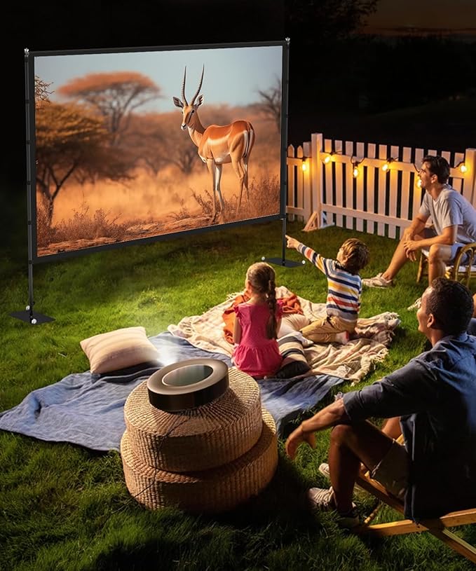 Outdoor-Projector-Screen-with-Stand - 120 inch Portable Projector Screen Indoor Outdoor Projector Screens 16:9 4K HD Lightweight Movie Screen with Carry Bag for Backyard Movie Night