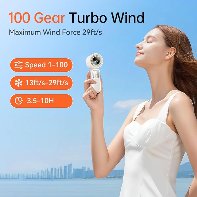 3-in-1 Portable Handheld Turbo Fan-100 Speeds, 15000 RPM, 10Hrs Cooling, LED Display, 90° Rotation, USB Rechargeable Battery Powered, Mini Foldable Hand Held Personal Fan for Women Men (white)