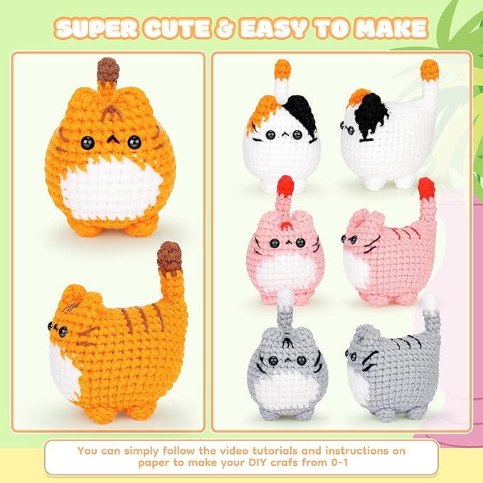 Crochet Kit for Beginners-4PCS Cat Crochet Kits for Adults, Crochet Starter Kit with Step-by-Step Video Tutorials, Crochet Animals Kits DIY Craft Knitting Kit Learn to Crochet Kits for Adults