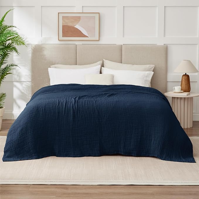 100% Cotton Muslin Blanket Queen 90" x 90", 6 Layers Breathable and Lightweight Cotton Throw Blanket for Bed, Soft Quilt Bedspread Coverlet, Gauze Blanket for Adults All Season, Navy