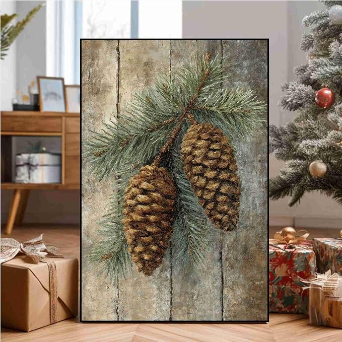Vintage Christmas Canvas Painting Botanical Wall Art Nature Print Forest Decor Rustic Woodland Poste Holiday Evergreen Art Country Landscape Indoor Decor for Office Living Room Framed Ready to Hang