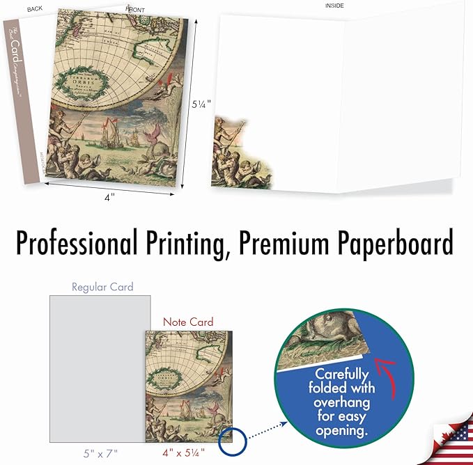 The Best Card Company - 10 Assorted Blank All Occasions Notecards Box Set 4 x 5.12 Inch w/Envelopes Vintage Art Map for Men, Women, Variety Pack (10 Designs, 1 Each) - Topographics M2341OCB