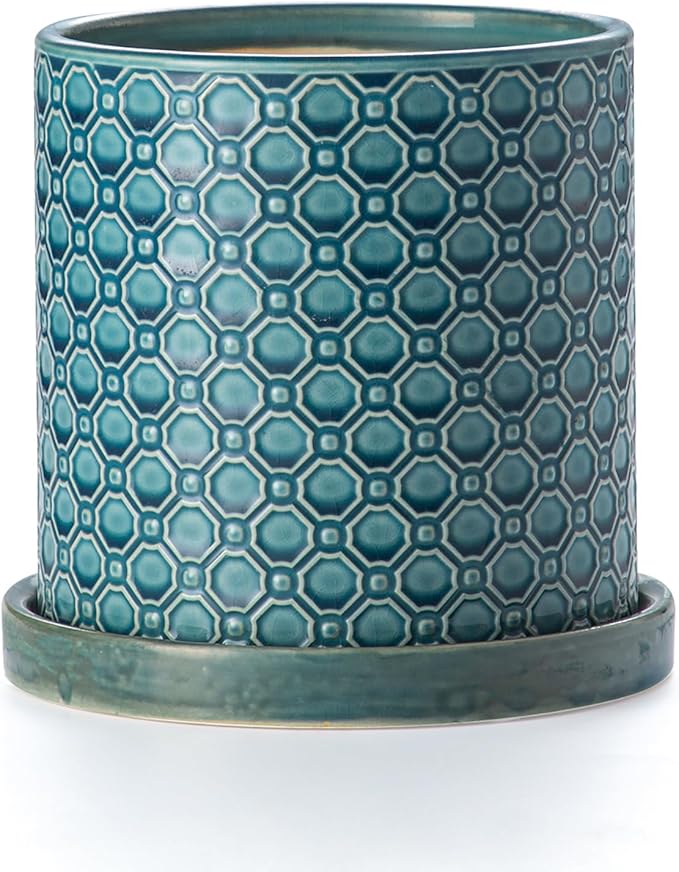 6 Inch Plant Pot: Ceramic Planter with Drainage Hole & Saucer Indoor Outdoor Plants - Cylinder Round Flower Pot for Home Office - Modern Decorative - Small Blue