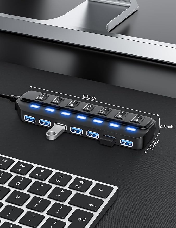 USB Hub 7 Port,USB 3.0 Hub Splitter with Individual On/Off LED Switches, USB Hub for PC, 5Gbps HighSpeed Data for Laptop, Mac, PC, Desktop, PS5, Xbox and More