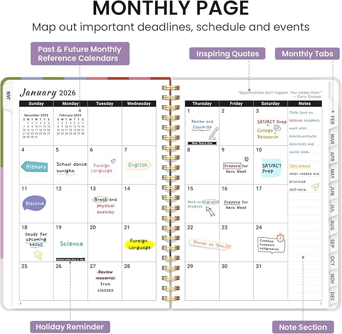 2026 Planner, Monthly and Weekly Calendar Planner for Women, Jan 2026 - Dec 2026, Hardcover Pretty 2026 Agenda Planner Book with Tabs, Spiral Bound, Perfect for School Office Home Supplies, 6.3" x 8.5" - Color Column
