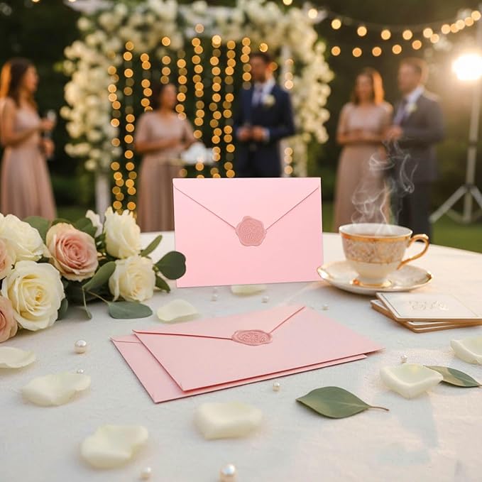 20 Pack Pink Envelopes 4x6 for Invitation, A4 Invitation Envelope with Wax Seal Sticker for Birthday, Weddings, Graduations, Greeting Cards, Baby Shower Invite