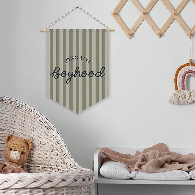 Boys Room Decor, Long Live Boyhood Boy Nursery Linen Canvas Banner, Grey Striped Wall Hanging Pennant Flag Banner for Boys Nursery Kids Toddler Room Bedroom Playroom Decor, 15x11in