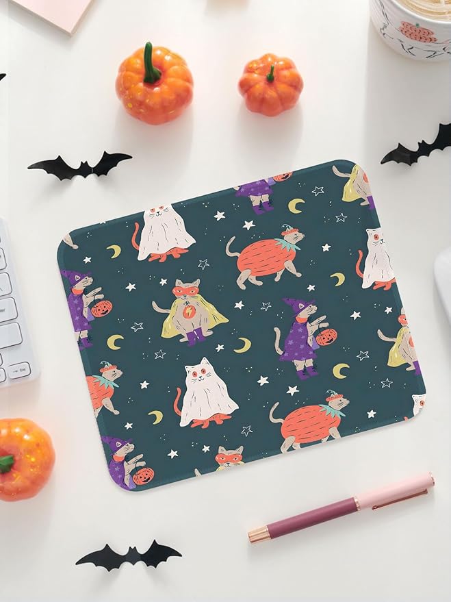 Seorsok Halloween Funny Cat Mouse Mat,Pumpkin Decor Mouse Pads for Office Laptop,Washable Square Mousepads with Extended Stitched Edges Non Slip Rubber Base 9.5"x7.8"x0.12" Inch,Dark Green