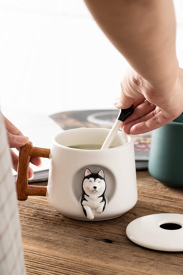 DIHOclub Ceramic Coffee Mug with Lid and Matching Spoon,Novelty 3D Husky Pattern Mug for Tea Milk,Cute Cup for Dog Lovers,14 Ounces (white)
