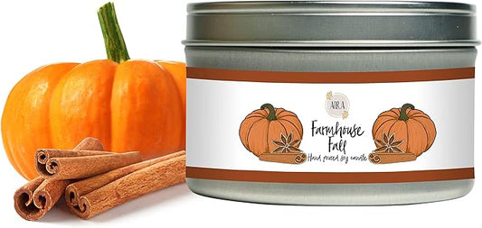 Aira Fall Soy Candles - Organic, Kosher, Vegan, Tin Candle w/Aromatherapy Essential Oil Blends - Hand-Poured 100% Soy Candle Wax - Paraffin Free, Burns 60+ Hours - Farmhouse Fall - 8 Ounces
