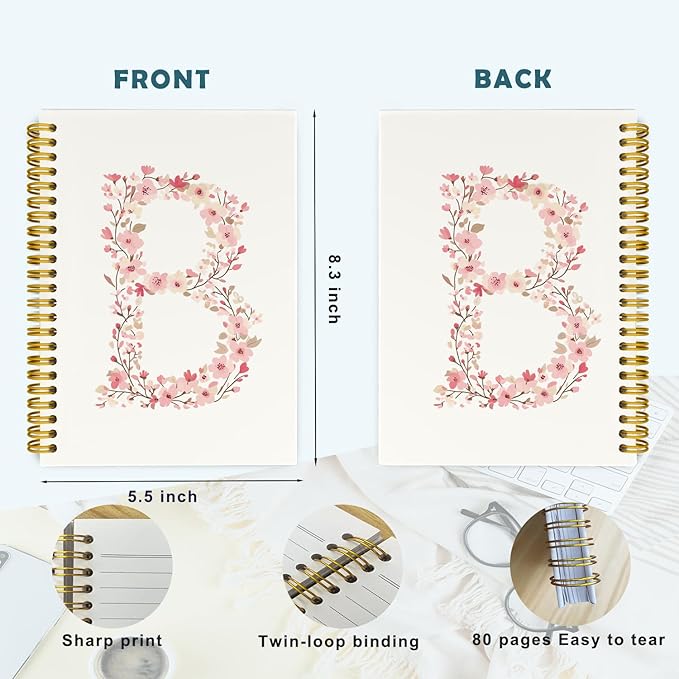 Pink Cute Spiral Notebook Journal, Preppy Floral Initial Letter B Personalized Journaling Notebooks, Monogrammed Gifts for Women Girls, Botanical Hardcover Spiral Lined Notebook 5.5 x 8.3