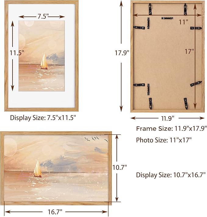 Fun Memories 11x17 Picture Frame, Solid Oak Wood 11"x17" Picture Frames, 11 x 17 Poster Frame for Wall, 11x17 Wood Photo Frame - 8x12 with Mat, Tempered Real Glass (Beige Oak Color, 1 Pack)