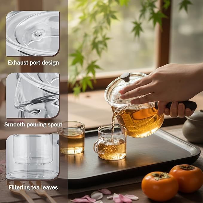 Bokon 8 Pcs Glass Teapot Set 500ml Glass Teapot with Removable Infuser 6 Pcs 100ml Transparent Cups and Bamboo Tea Tray for Home Travel Office Outdoor Gifts