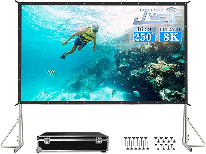 250 inch Projector Screen with Stand, Upgraded 3 Layers PVC 16:9 Large Outdoor Projector Screen, Portable Outdoor Movie Screen with Carrying Bag for Large Commercial Performance