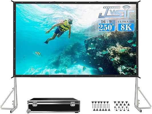250 inch Projector Screen with Stand, Upgraded 3 Layers PVC 16:9 Large Outdoor Projector Screen, Portable Outdoor Movie Screen with Carrying Bag for Large Commercial Performance