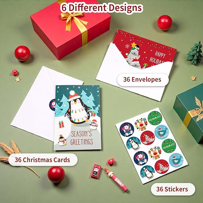 Christmas Cards with Envelopes & Stickers, 36 Pack 4x6 Inch Merry Christmas Cards, Funny Holiday Card, 6 Assorted Designs Greeting Card for Xmas